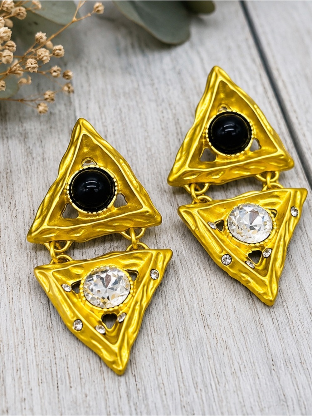 430. Gold Black Crystal Geometric Statement Earrings 80s Runway Maximalist